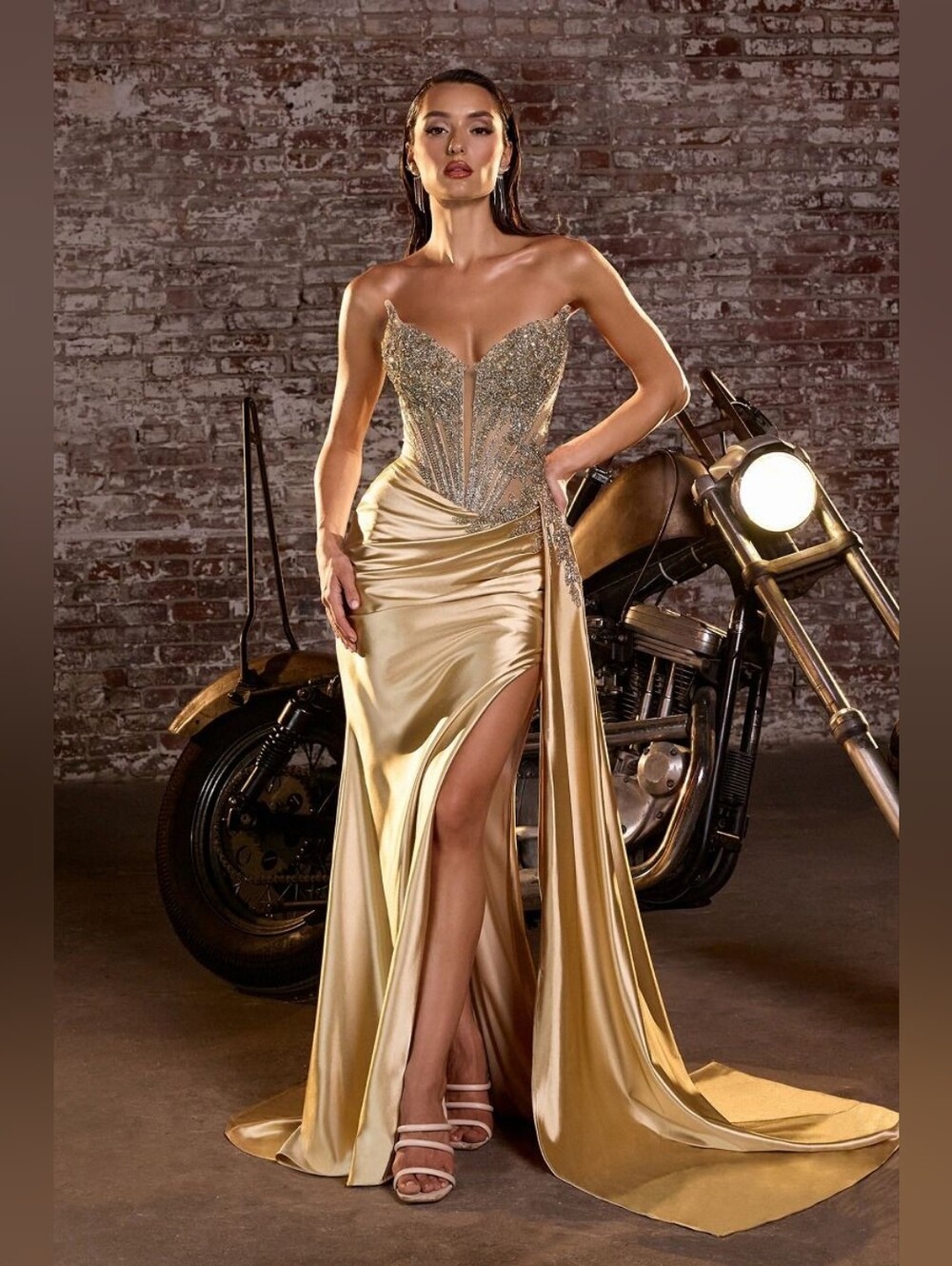 Gold Strapless Evening Gown with Beaded Bodice Ladivine CD722